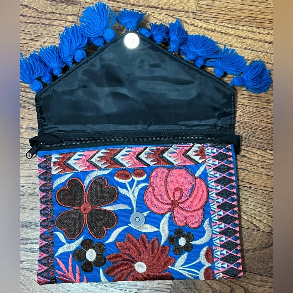 Floral Embroidered Clutch/Crossbody with Blue Tassels